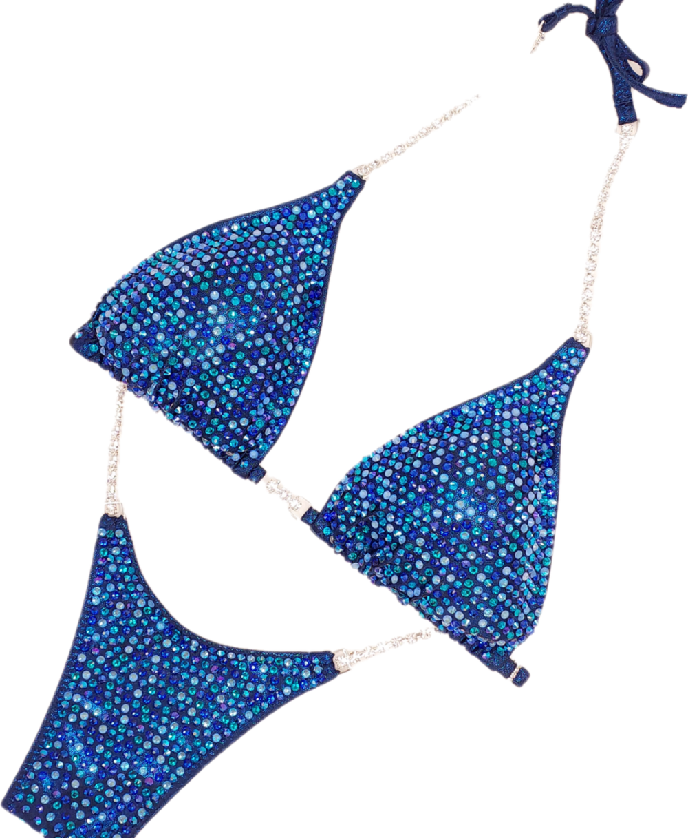 Close view of blue and iridescent crystal embellishment